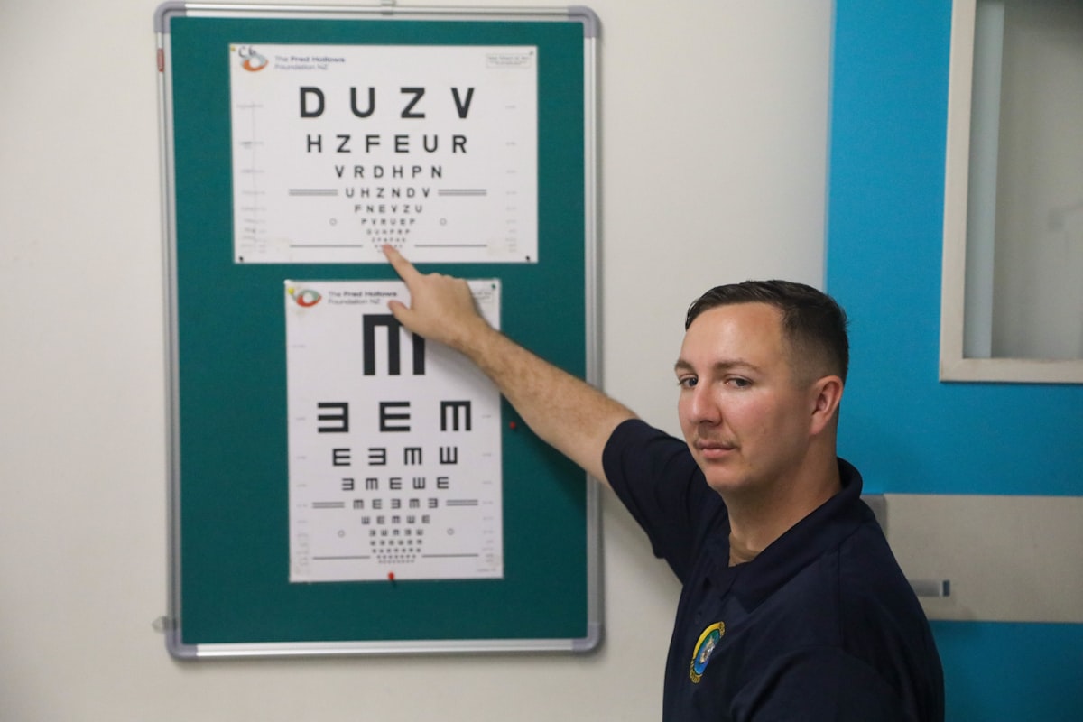 Man pointing to an eye chart during an eye exam