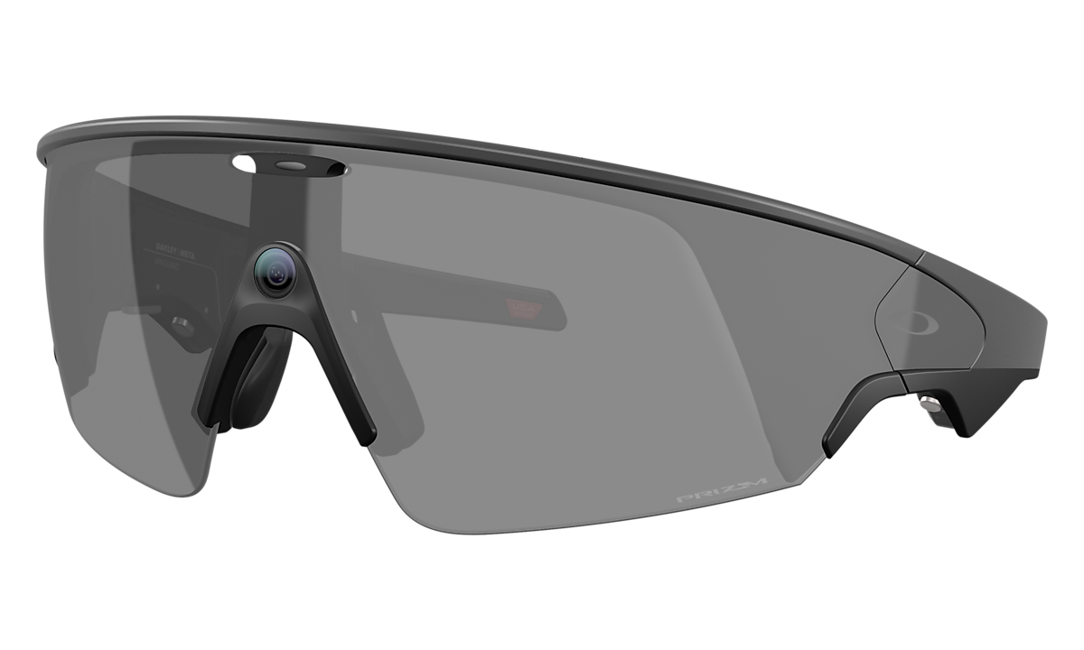 Oakley Meta Vanguard AI glasses with a black wraparound sport frame, showing the built-in camera lens
