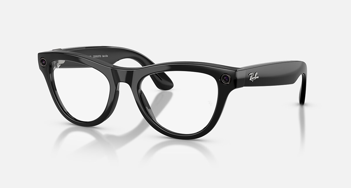 Ray-Ban Meta Skyler Gen 2 AI glasses in shiny black with a rounded cat-eye frame, showing the built-in camera lens